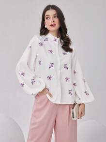 Seusyu 女款花卉印花燈籠袖襯衫