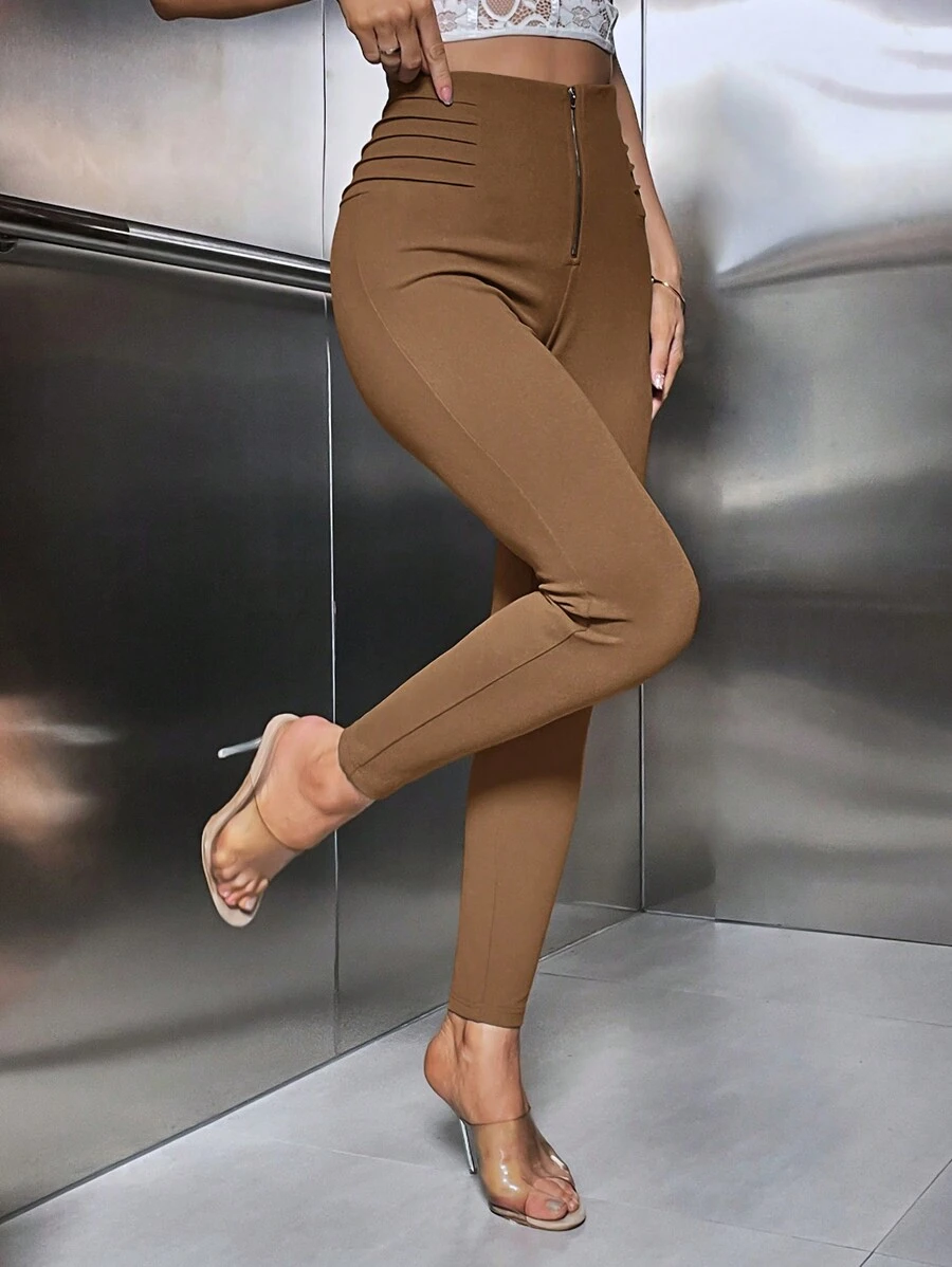 SHEIN Essnce 女式纯色前拉链长裤 - 棕色 - 查看 1