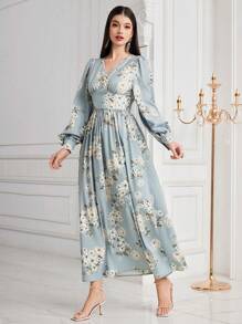 Modelyn 女式灯笼袖花卉印花素净长裙 - 藍色 - 查看 8
