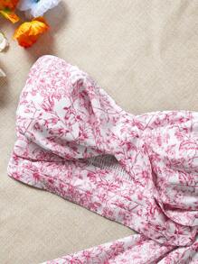 Soleia Kỳ nghỉ Phong cách Của phụ nữ 2 Miếng Bộ : Thực vật In Mặt trước xoắn Áo Bandeau  Và Bất đối xứng Váy - Đỏ và trắng - Xem 5