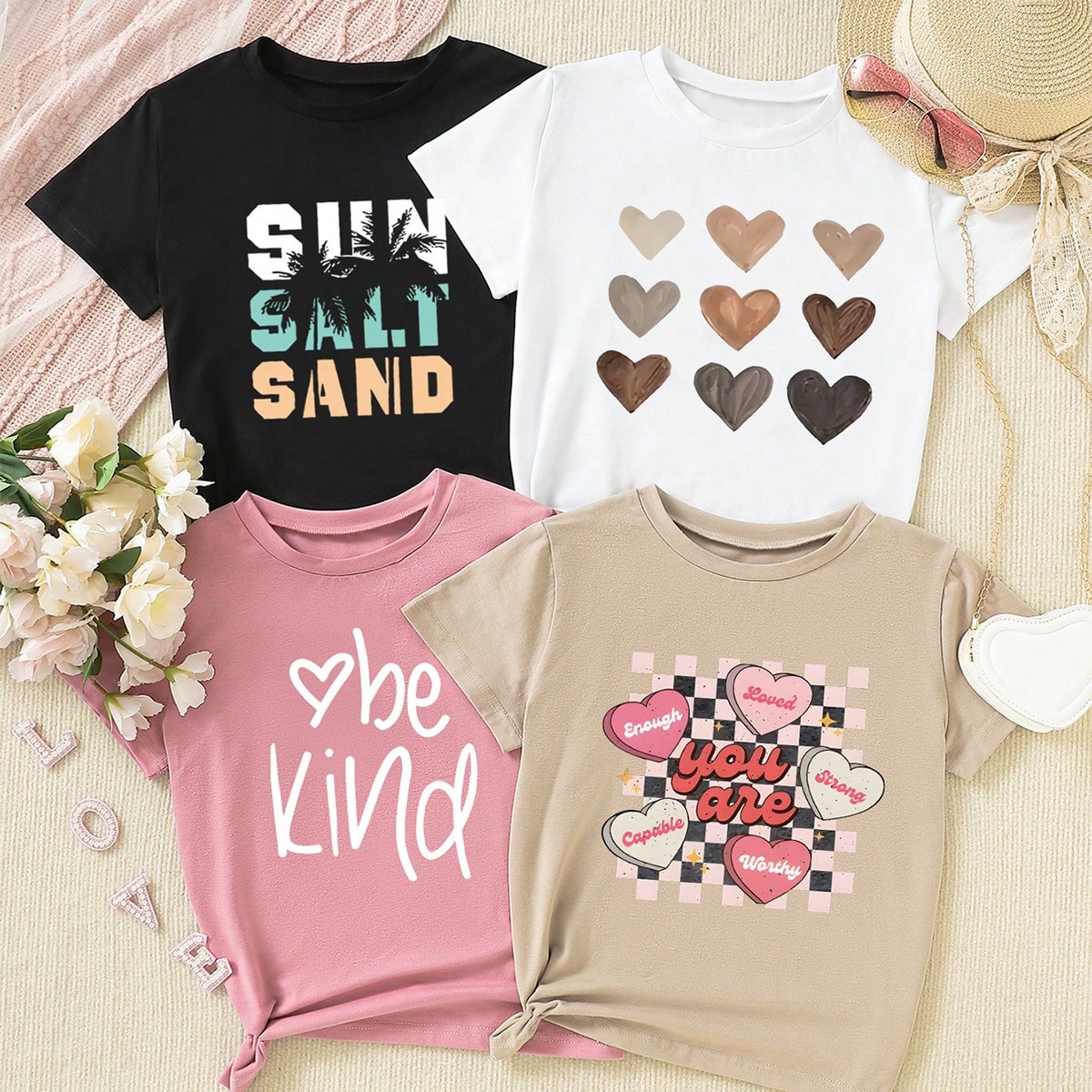 Piezas / Set Camisetas De Verano Impresa Con El Lema De Amor Y Cocoteros Para Preadolescentes Niñas
