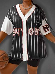 Maweii Plus Size Letter Printed Baseball Jersey Shirt - Black and White - View 1