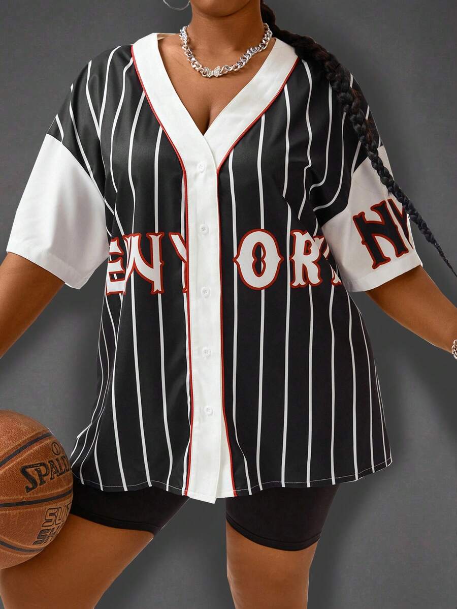 Maweii Plus Size Letter Printed Baseball Jersey Shirt - Black and White - View 1
