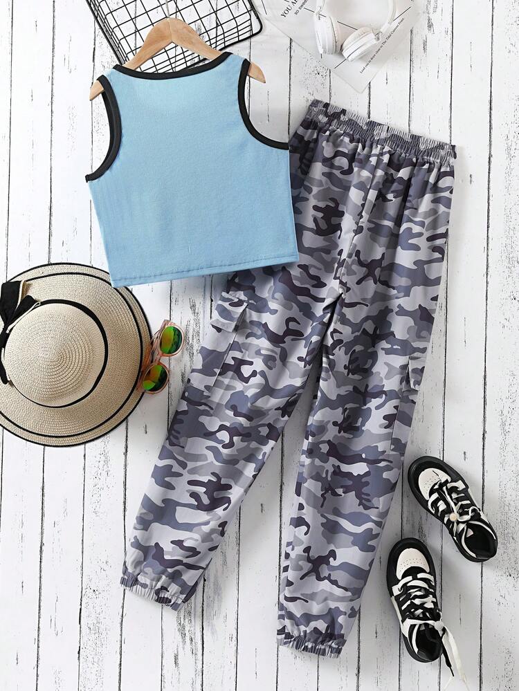 Butterfly Print Ribbed Tank Top & Camo Print Adjustable Waist Flap Pocket Cargo Pants