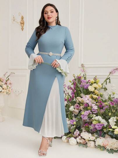 Modelyn 大码女式立领喇叭袖阿拉伯风格连衣裙长款晚礼服