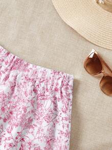 Soleia Kỳ nghỉ Phong cách Của phụ nữ 2 Miếng Bộ : Thực vật In Mặt trước xoắn Áo Bandeau  Và Bất đối xứng Váy - Đỏ và trắng - Xem 4