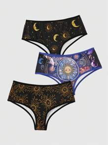 ROMWE Hippie 3入組陽光、月亮、星星印花三角褲女用 - 彩色 - 查看 1