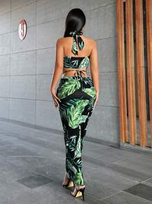 SHEIN SXY Beach;Summer Boho Bohemian Holiday Set With Green Tropical Plant Print Halter Neck Vest And Long Skirt - Two Piece Set - Multicolor - View 2