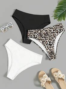 Swim Lushoire 2025 Plus Size Women's Simple Solid Color With Leopard Print 3-Piece Swimwear Bottom Summer - Multicolor - View 1