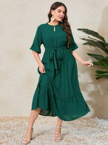 Mulvari Kích thước lớn Chấm bi Tay áo xù Đầm - Màu xanh lá cây đậm - Xem 8