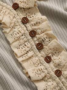 DAZY Blusa corta con botones y ribete de encaje, con volantes, para salir, de manga larga para mujer - Caqui - Ver 6