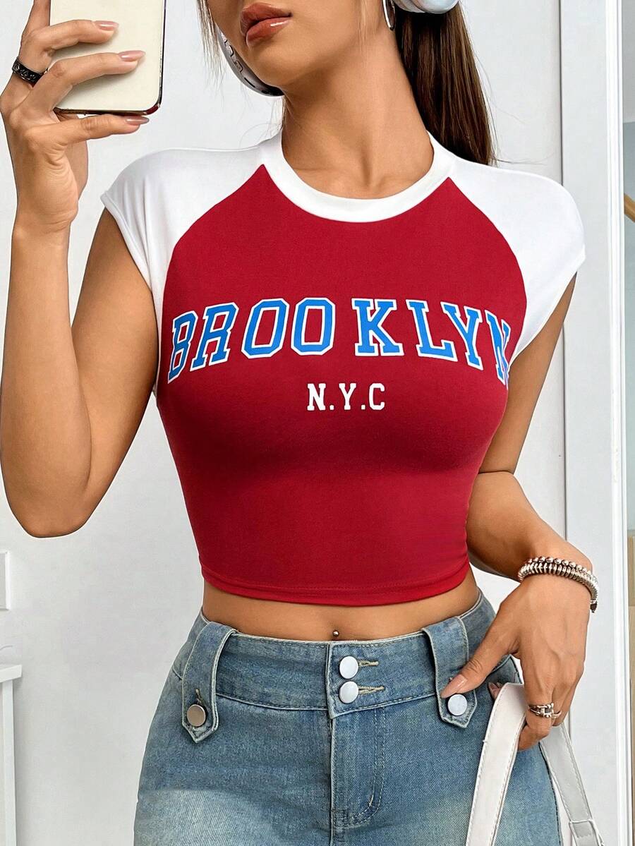 SHEIN Unity Women's Letter Print Color Block Cropped T-Shirt - Red - View 1