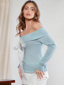 Hauture 女士織毛修身款露肩毛衣,帶有蝴蝶結細節