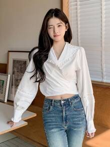 DAZY 女式系带长袖衬衫，秋季女装 - 白色 - 查看 2