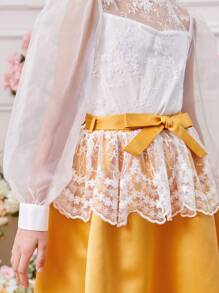 SHEIN Tween Girl Round Neck Lantern Sleeve Sheer Embroidered Blouse With Detachable Waist Belt And Skirt Two Pieces Set - White - View 6