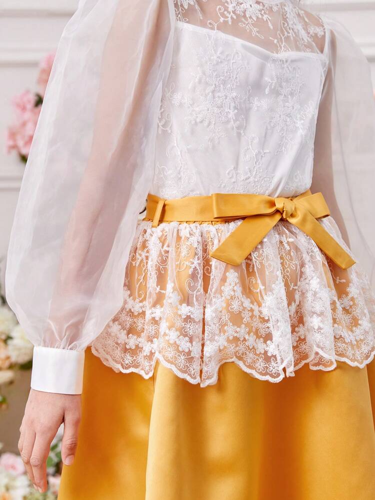 Tween Girl Round Neck Lantern Sleeve Sheer Embroidered Blouse With Detachable Waist Belt And Skirt Two Pieces Set