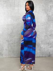 Radiana Women's Indigo Dyeing Printed Dress With Front Button Placket And Ruffle Design