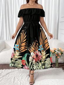 SHEIN Holidaya 大尺碼女士露肩植物印花裝 - 黑色 - 查看 1