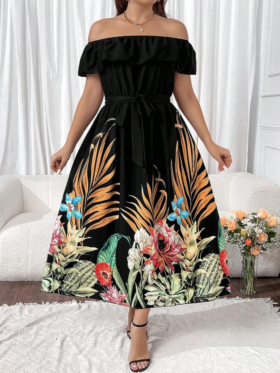 SHEIN Holidaya 大尺碼女士露肩植物印花裝 - 黑色 - 查看 1