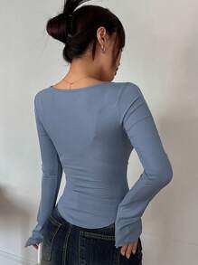 DAZY 女式长袖方领开叉紧身T恤，秋季服装 - 藍色 - 查看 6