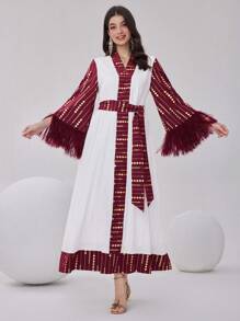 Modelyn Burgunderrotes Kleid mit geometrischem Muster und Goldfolien-Muster, Kontrastfransen an den Ärmeln - Bordeaux - Übersicht 4
