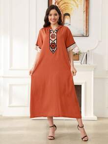 Women Geometric Pattern Hooded Elegant Arabic Dress - Orange - View 6