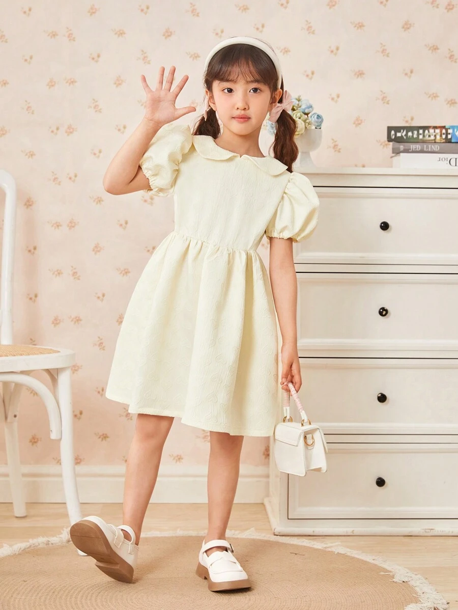 SHEIN Young Girl Solid Color Puff Sleeve Dress - Apricot - View 1