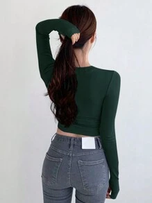 DAZY 女式纯色修身短款 T 恤，秋季服装长袖女式上衣 - 綠色 - 查看 2