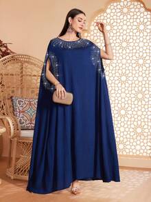 Women's Solid Color Round Neck Cuff & Collar Beaded, Rhinestone Decorated Abaya, Suitable For Various Occasions Like Festivals, Gatherings, Daily Wear, Soft & Comfortable