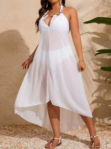 SHEIN Swim Curve 大码女式露背不对称下摆挂脖式罩衫连衣裙，一件夏季 - 白色 - 查看 5