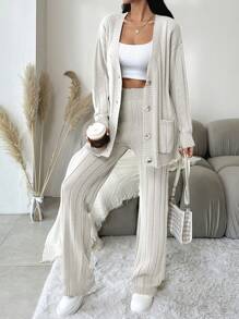 EURMUSE Women's Loose Fit Casual Solid Color Knit Sweater 2pcs/Set - Beige - View 6