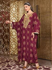 Al Najma 勃艮第红色女式刺绣蝙蝠袖长袍，带拼布