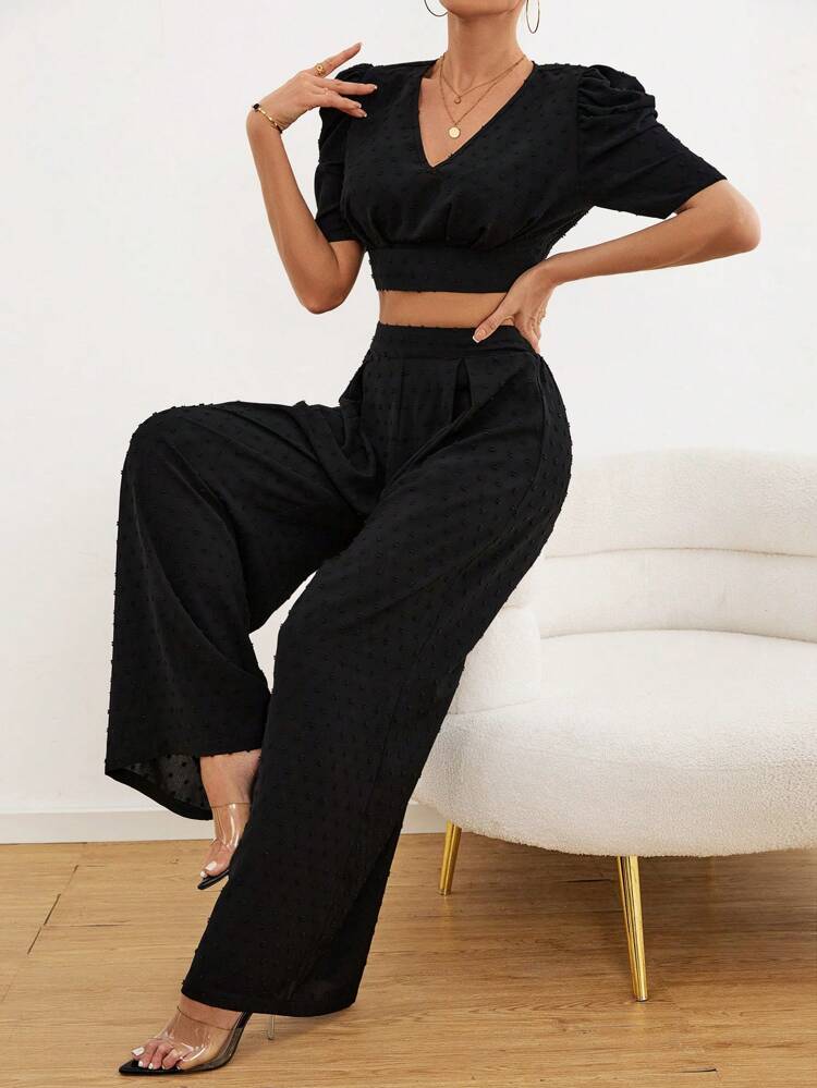 Women's V-Neck Short Puff Sleeve Top And Pants Two Pieces Set