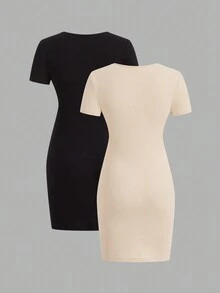 SHEIN Essnce 2 chiếc váy bodycon cổ tròn - Nhiều màu - Xem 2
