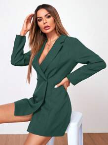 Lapel Neck Double Breasted Blazer Dress - Dark Green - View 4