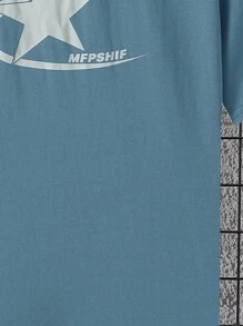 SHEIN 青少年男孩休閒寬鬆版之星星字母印花針織短袖圓領t恤 - 藍色 - 查看 4