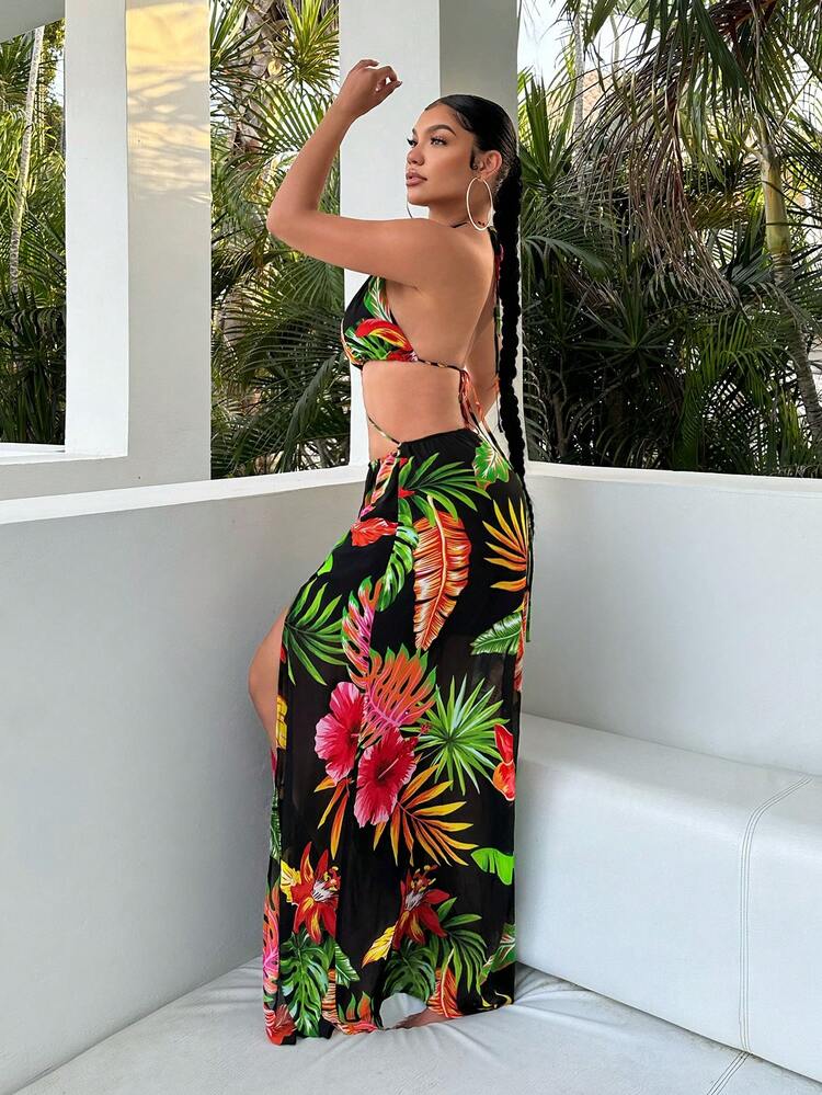 Tropical Print Crossed Straps Backless Maxi Chiffon Dress With Halter Neckline And High Slit Hem Spring Women Clothes Beach Vacation Women Clothes Boho Women Clothing Summer Dress Flowy Dress Beach Women Dresses Summer Sets Birthday Outfit Hawaiian Dress