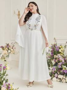 Al Najma 大尺碼女士洋裝,連帽袖子移位裁剪,有印花圖案 - 白色 - 查看 6