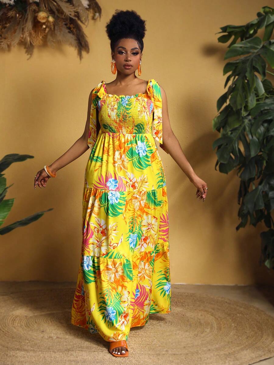 Slaydiva Plus Size Summer Tropical Print Tie Waist Hawaiian Dress - Yellow - View 1