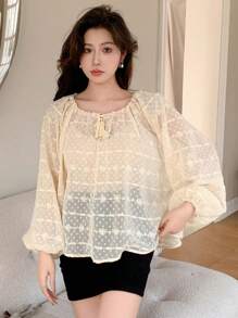 DAZY Quý cô Textured Lỏng lẻo phù hợp Buộc Tay áo Tay áo dài Áo sơ mi - Màu be - Xem 5