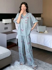 DAZY 扎染效果花卉印花缺口领睡衣套装 - 灰色 - 查看 4