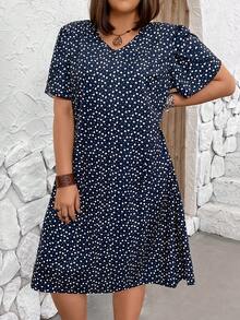 EMERY ROSE 大尺碼女式愛心和波點印花短袖泡泡裙 - 藏蓝色 - 查看 5