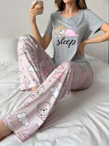 Women's Short Sleeve And Pants Pajamas Set With Teddy Bear Print - Multicolor - View 4
