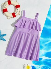 SHEIN Traje De Baño Con Tirantes De Borde De Volantes Para Bebé Niña - Morado - Ver 1