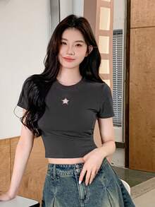 DAZY 女款短袖時尚星星鏤空短版上衣 - 灰色 - 查看 5