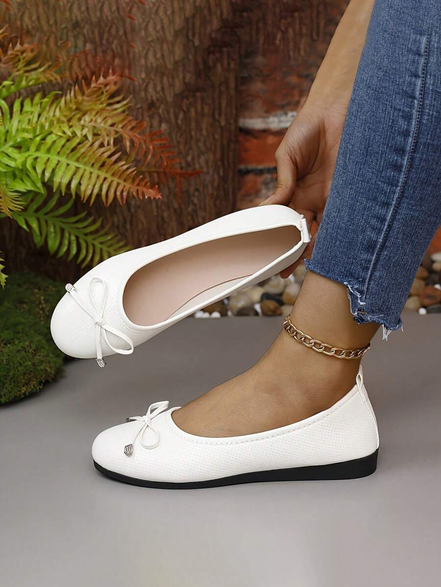 Của phụ nữ Chóp giầy tròn Da bằng sáng chế Giày phẳng Với Bowknot Đồ trang trí Và Đế mềm - trắng - Xem 1