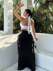 SHEIN SXY Holiday Spring Summer Seaside Vacation Style Clothing Side Seam Lace-Up Fishtail Long Skirt For Women - Black - View 2