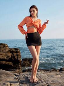 Chiquease Twist Detail Long Sleeve Cropped Blouse Fall Cloth For Women - Orange - View 4