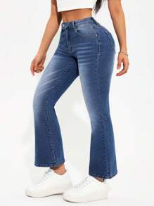 SHEIN PETITE Vaqueros Acampanados Lavados Con Bolsillos Diagonales