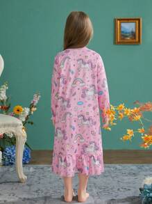 SHEIN 少女粉紅獨角獸圖案長袖睡衣家居服 - 粉色 - 查看 2